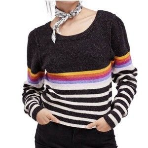 Free People Womens Pullover Long Sleeve Alpaca Sweater Black Rainbow Stripes L